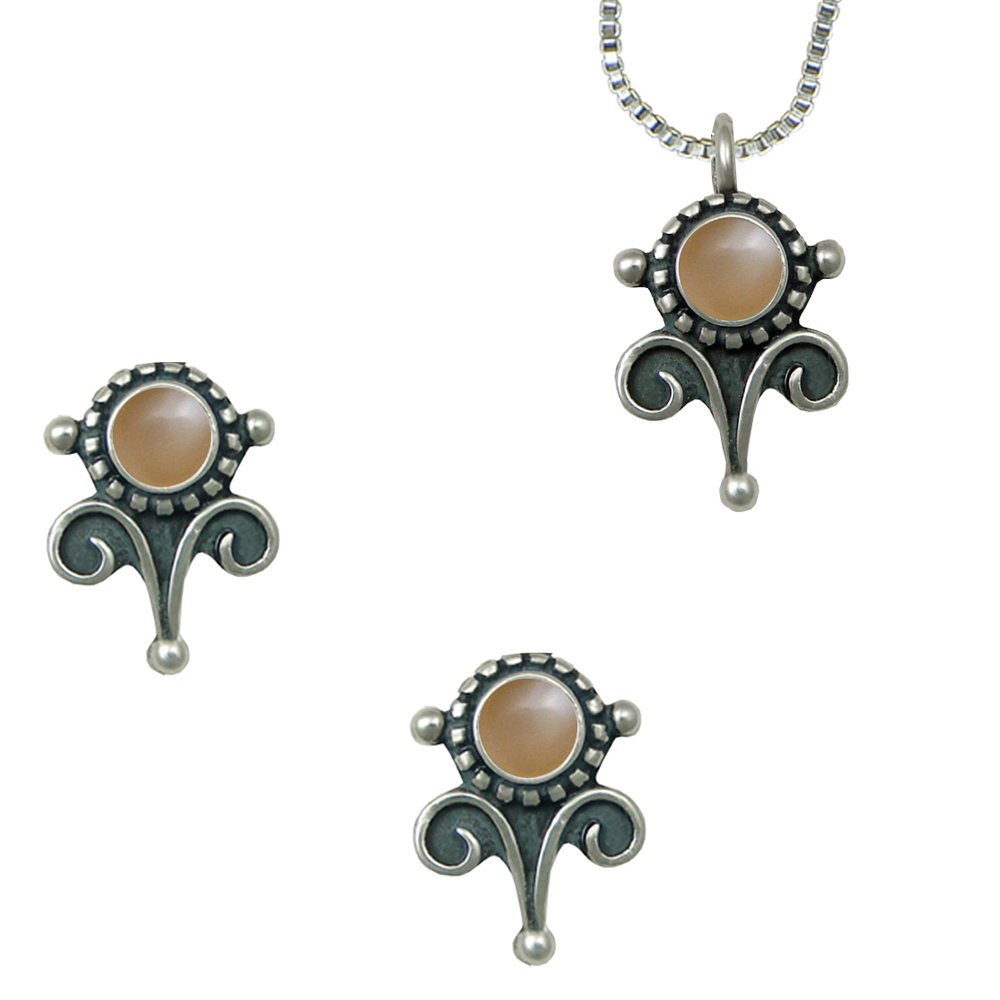 Sterling Silver Necklace Earrings Set Peach Moonstone